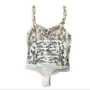 Free People Weekend Plans Pleated Cream  Floral Print Bodysuit Top Sz Small NWOT
